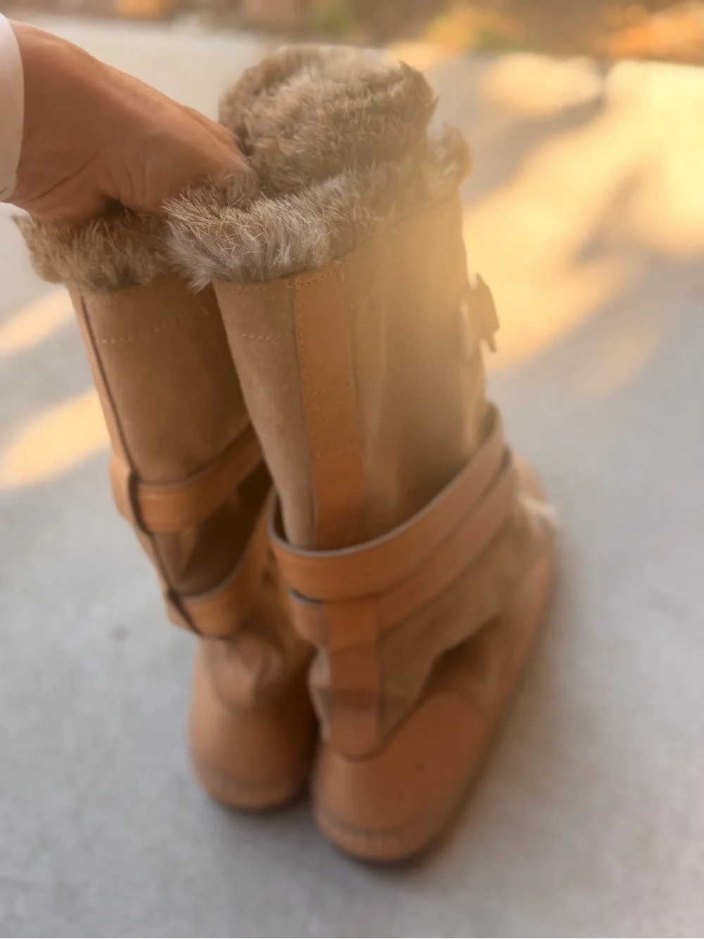 Tory Burch Taupe Faux-Fur Suede Winter Boots with Tan Leather Straps